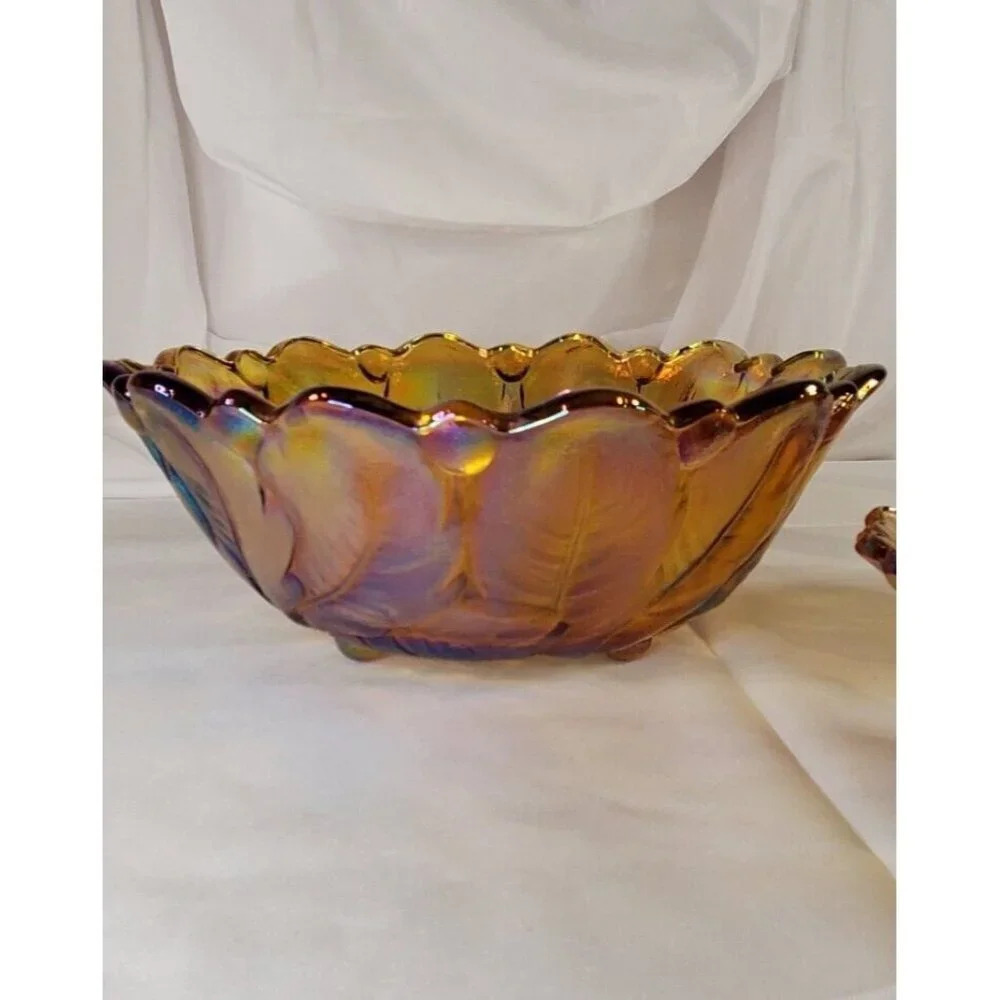 Vtg Indiana Glass Iridescent Gold Carnival Glass #1211 3pc Console Set Footed - Picture 6 of 13